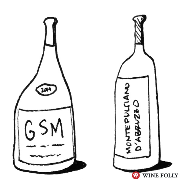 Bottle illustration GSM Montepulciano wine folly