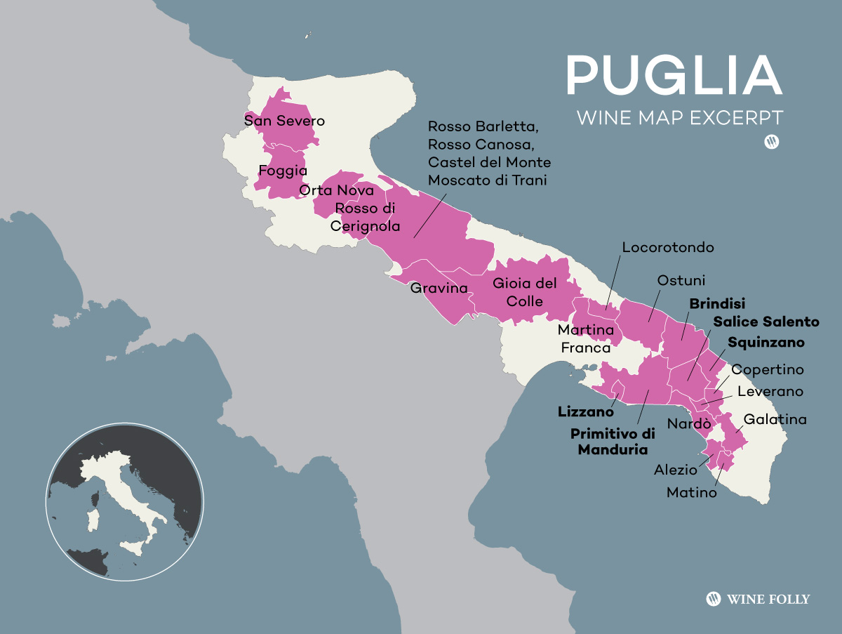 Italy's Puglia Wine Region, an abbreviated map excerpt by Wine Folly